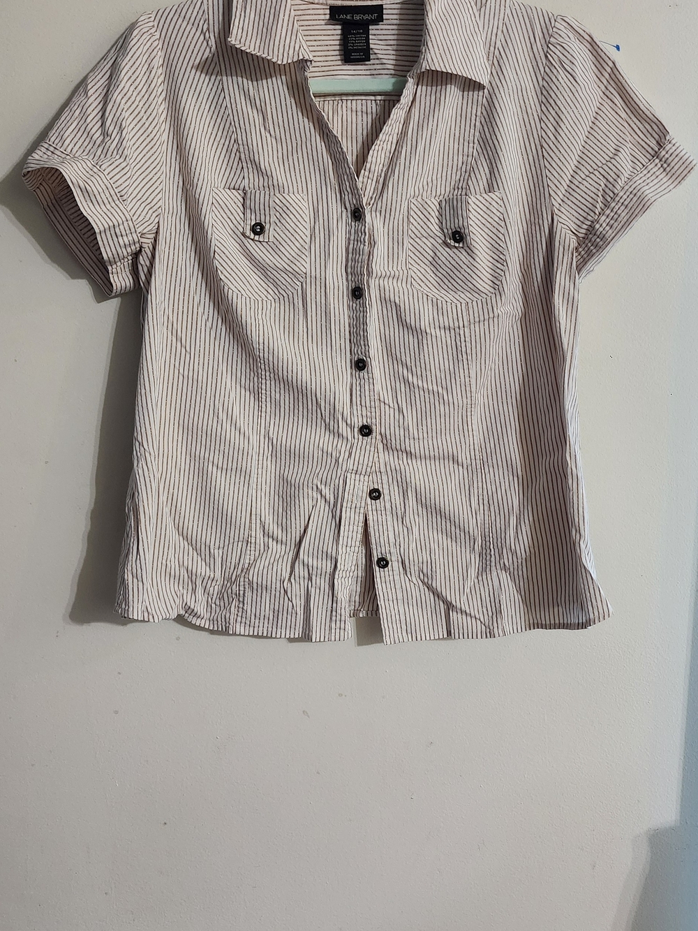 Lane Bryant Metallic Striped Short Sleeve Button-Down Shirt Size 14/16